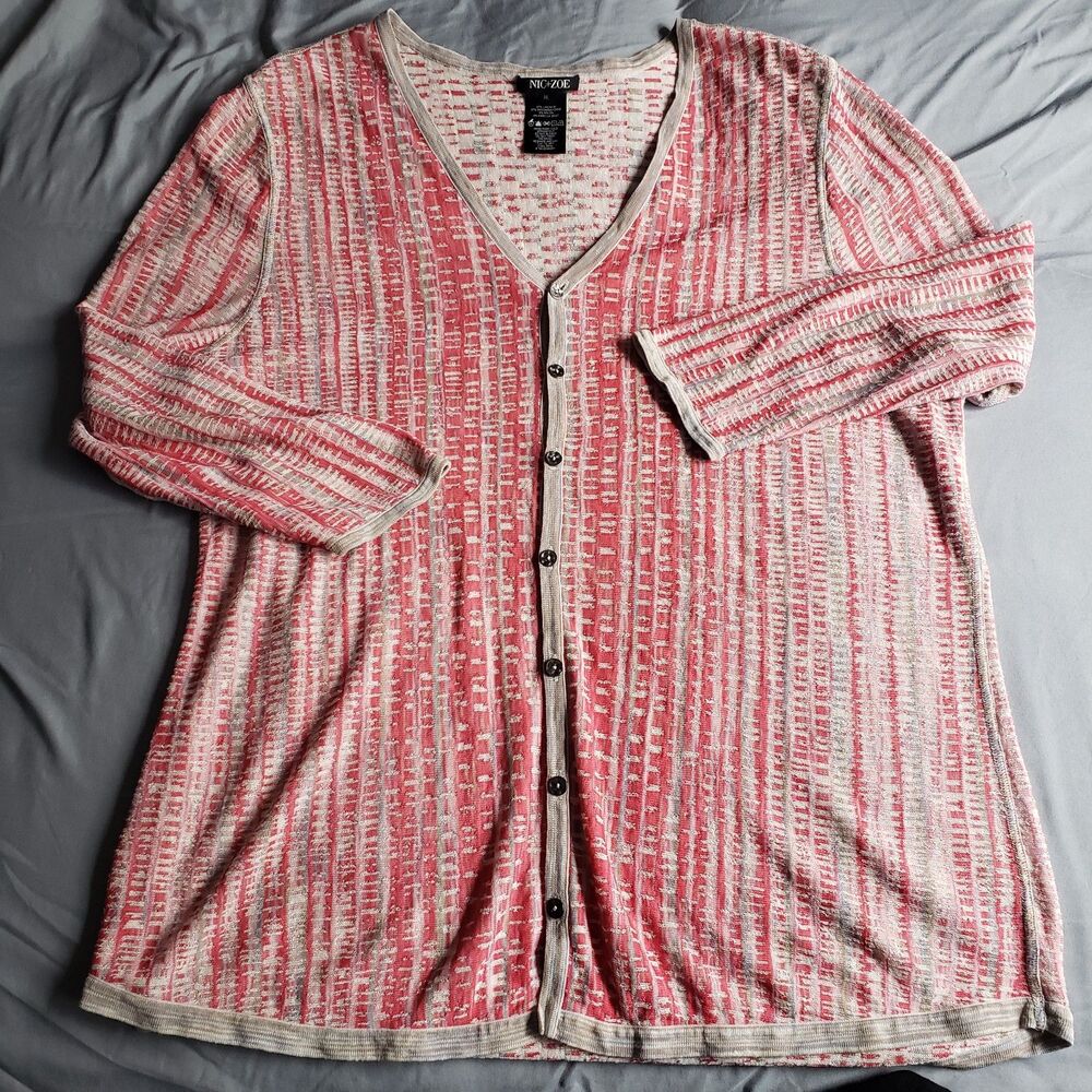 Nic+Zoe Pink Gray White Linen Blend Cardigan Sz. XL  Coastal Casual Resort Vacay